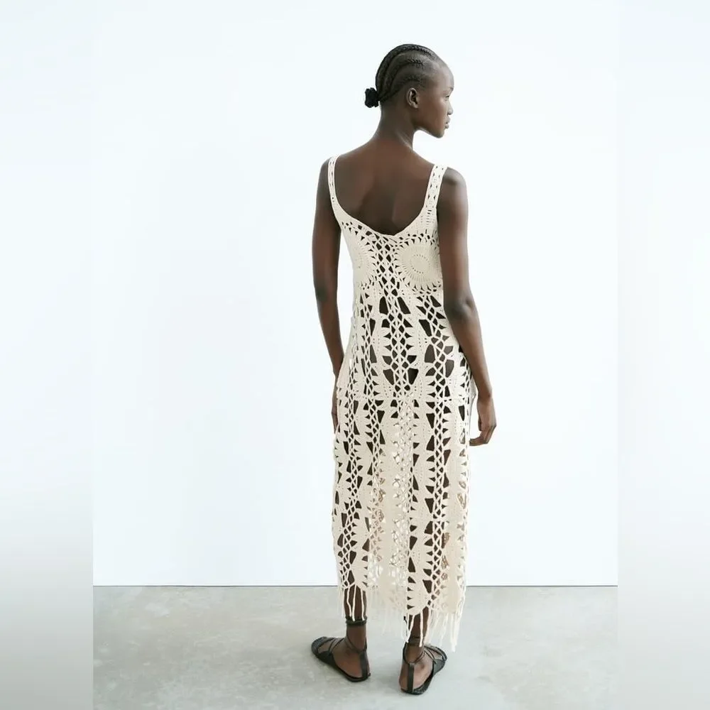 ZARA MACRAMÉ FRINGED KNIT DRESS - Picture 4 of 10